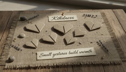 A charming rustic display of handmade burlap hearts and inspirational messages celebrating kindness and the warmth created by small gestures on a textured surface