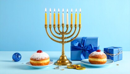 Celebrate Hanukkah with traditional menorah, delicious sufganiyot, and beautifully wrapped gifts for a modern festive season filled with light and joy