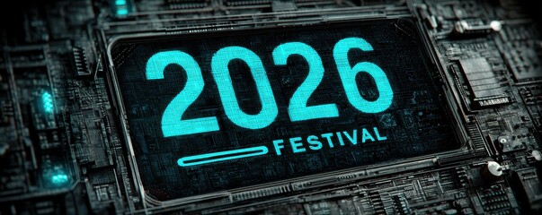 2026 festival on blue digital display within a circuitry background, showcasing futuristic technology and imagination
