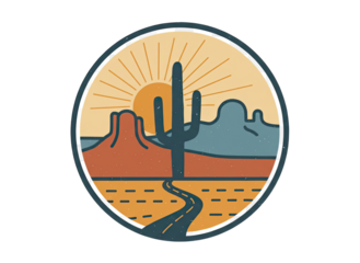 Desert Landscape With Saguaro Cactus And Mountains At Sunset Warm Tones Road Leading Into Distance