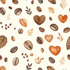 Delicate coffee beans and leaves pattern with warm earthy tones.