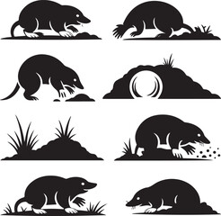 Mole Silhouette Vector Set Digging and Appearing From the Ground