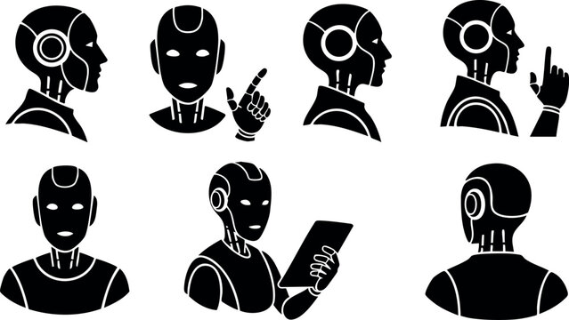 Robot head and upper body silhouettes in various poses black vector illustration futuristic technology concept