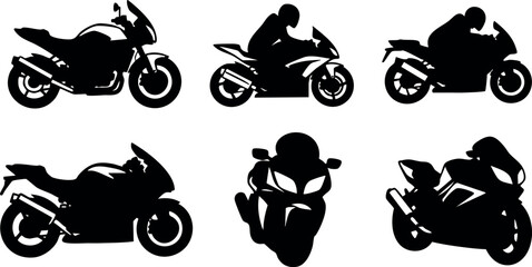 Motorcycle silhouette set different angles black vector illustration speed and sport bike design
