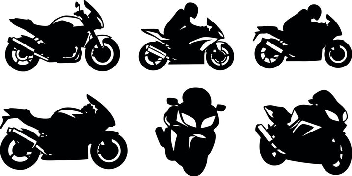 Motorcycle silhouette set different angles black vector illustration speed and sport bike design