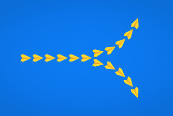 Yellow paper planes diverging into multiple directions, symbolizing flexibility, choice, and exploring new possibilities