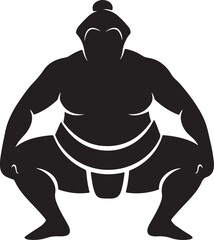 A black silhouette of a traditional japanese sumo wrestler in fighting stance