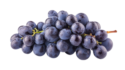 A bunch of ripe, juicy black grapes displayed with water droplets on a clean white background, ideal for snacks.