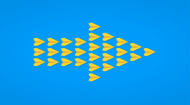 Multiple yellow paper planes forming an arrow shape, symbolizing collective effort, direction, and forward movement.