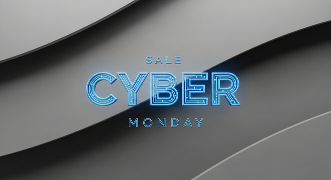 Gray abstract background with sale cyber monday in blue glowing neon text, representing technology promotion and discount, for business advertising - Powered by Adobe