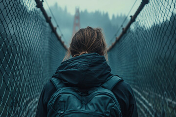 Person walking across suspension bridge in mountain winter landscape nature scene, generative ai