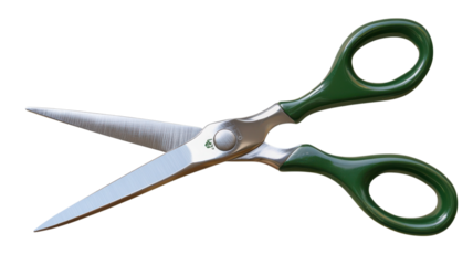 Sharp scissors with green handles placed on a white background for crafting and daily use needs.