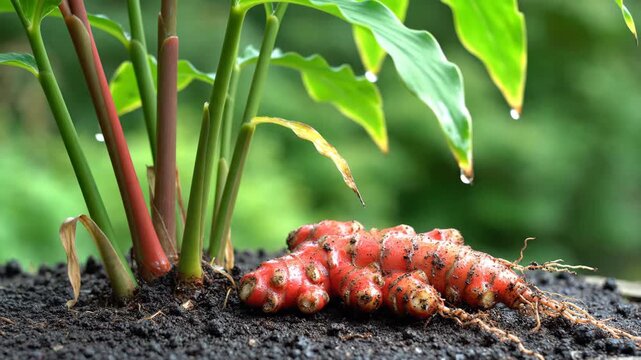Red ginger rhizome lies beside its plant earthy and vibrant against a green background