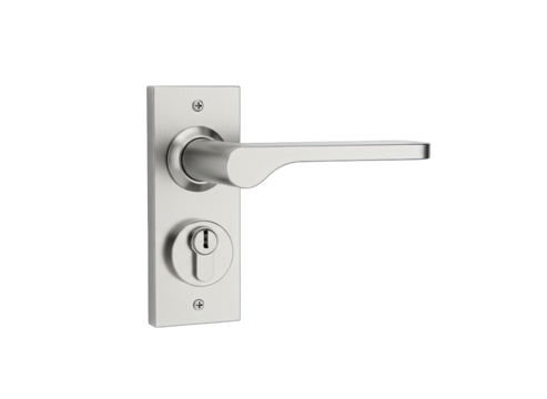 Modern Brushed Nickel Door Lever Handle Set With Keyhole On Rectangular Plate Isolated On Black Background