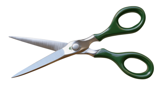Sharp scissors with green handles placed on a white background for crafting and daily use needs.