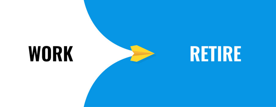 Conceptual banner design representing the transition from work to retirement with paper plane as arrow, symbolizing career progression and the shift to retirement