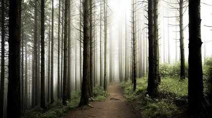 vanishing. Misty forest path with straight tree trunks leading into the distant fog. travel magazines, destination branding, designed for travel destination branding, used by event planners.