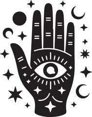 Mystical Palmistry Hand with Eye Stars and Moons Black and White Graphic