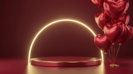 Romantic heart-shaped balloons on a stylish pedestal with a glowing arch in a rich burgundy backdrop
