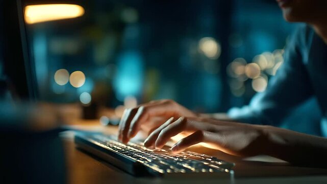 Hands on keyboard with screen glow in darkness face obscured night work late hours overtime design evening work dedicated designer dark workspace screen light room