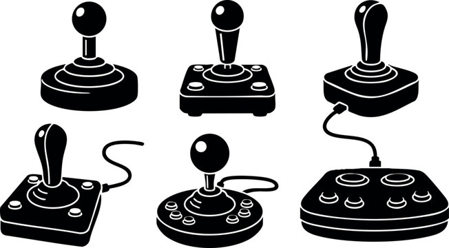 Retro joystick game controllers collection vector illustration black silhouette set classic arcade gaming devices