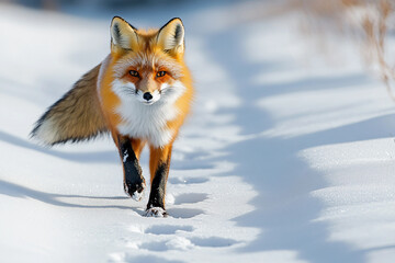 Naklejka premium Red fox walking through snow in winter forest with fluffy tail and sharp gaze, wildlife survival generative ai animal