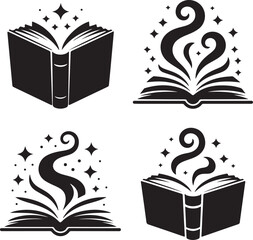 Open book with magical effect black and white vector set design