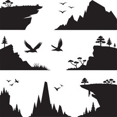 Nature scene with mountain cliffs birds and vegetation black silhouettes
