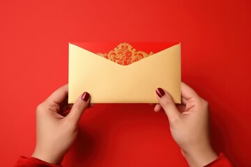 Obraz premium Red envelope holding paper mail.