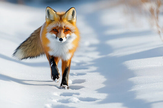 Red fox walking through snow in winter forest with fluffy tail and sharp gaze, wildlife survival generative ai animal