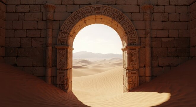 Ancient archway opens to bright sunny beach horizon landscape - Powered by Adobe