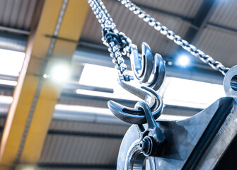 Overhead Crane Chains With Metal Hooks Inside Industrial Factory Hall Heavy Lifting Equipment Background