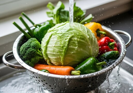 Fresh vegetables including cabbagesbeing washed in a colander under running water, healthy eating concept