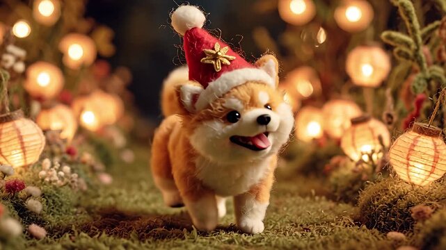 Dog wearing festive hat running outdoors amongst soft glowing lanterns and foliage