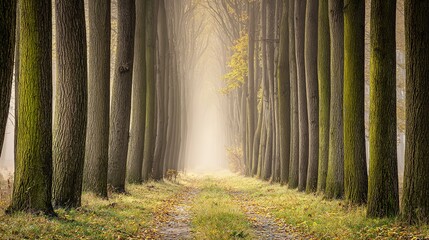 vanishing. Misty forest path with straight tree trunks leading into the distant fog. travel magazines, destination branding, designed for travel destination branding, used by event planners.
