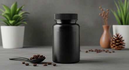 Black pill bottle supplement product photography with plants