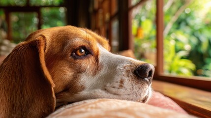 A beagle attentively sniffs around a cozy living room, drawn by interesting scents near a warm window, exhibiting curious exploration in a home setting.