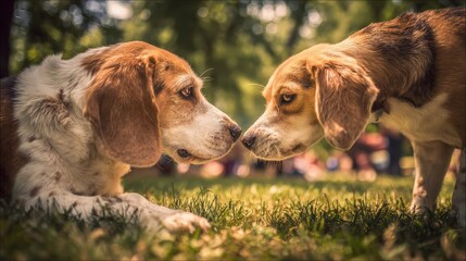 Two adorable beagles curiously sniff each other face to face du a playful interaction in the park, enjoying a bright and sunny day together on the green grass.
