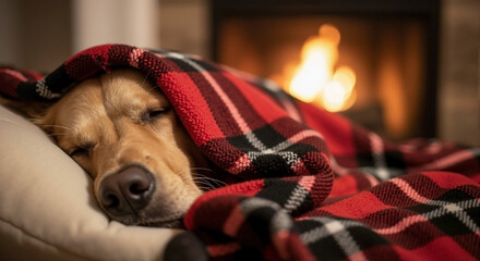 Cozy Dog Wrapped in Red and Black Blanket Sleeping by the Fireplace for Pet Care Blogs, Home Comfort Websites, Animal Lifestyle Articles, and Cozy Living Content