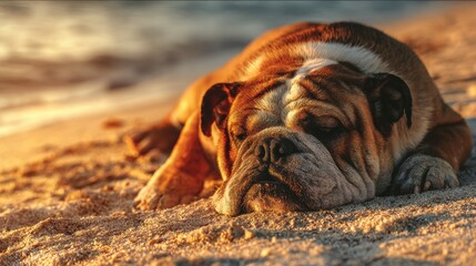 A sleepy bulldog with a wrinkled face lounges peacefully on the warm sandy beach, enjoying the golden sunlight and the gentle ocean breeze du summer season.