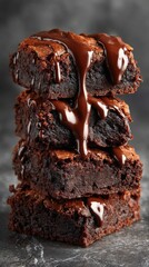 A decadent stack of cannabis infused brownies glistening with a rich, glossy chocolate topping offers a tempting induence on a dark textured background for edibles.