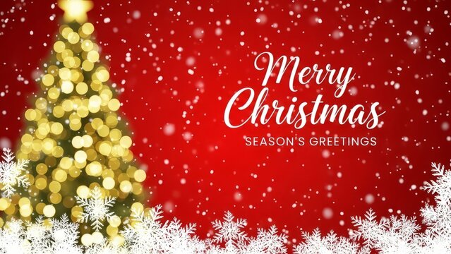Christmas tree with golden lights and snowflakes on a red background with merry christmas text - Powered by Adobe