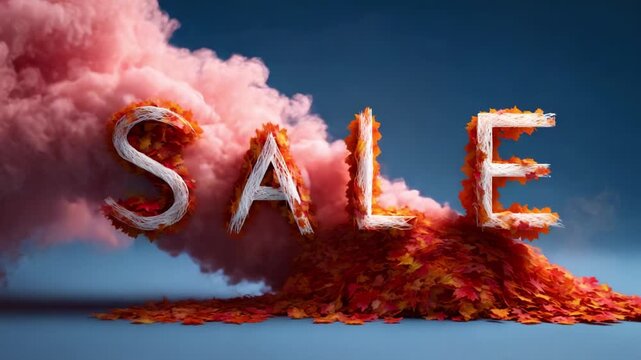 A vibrant and eye-catching visual of a colorful SALE announcement, featuring swirling pink smoke and autumn leaves, designed to attract attention and highlight special offers.