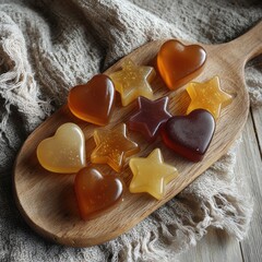 Rustic wooden spoon holds CBD gummies in heart and star shapes, a delightful and potentially therapeutic treat, against a cozy textured backdrop.