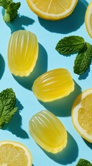 Three lemon flavored CBD gummies are arranged with slices of fresh lemons and sprigs of green mint on a vibrant blue background for a healthy display.