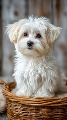 A charming Maltese puppy with long white fur is sitting attentively inside a rustic woven basket, its innocent eyes looking directly at the camera with sweetness.