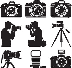 Photography Equipment and Photographer Silhouettes in Black and White Icon Set