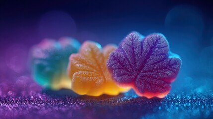 Macro close-up reveals the captivating translucence and vibrant colors of CBD gummies shaped like leaves, shining with sugary sparkle in the dim light beautifully.