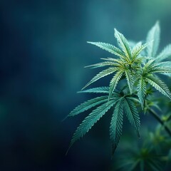 A close-up captures the intricate leaves of a vibrant cannabis plant flourishing outdoors in natural sunlight, showcasing its detailed texture and organic growth.