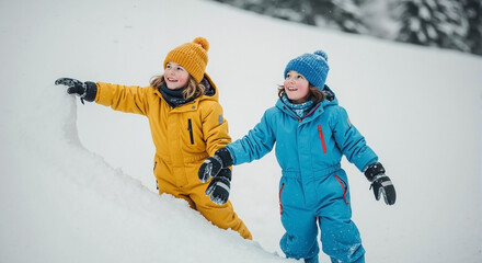 Children Climbing a Snowy Hill in Colorful Winter Outfits for Family Blogs, Outdoor Activities, Winter Sports Websites, and Educational Content